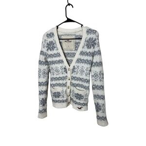 Hollister Y2K Fair Isle Knit Cardigan Sweater Cream Grey Size S